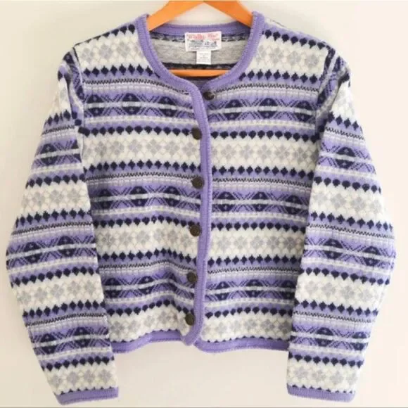Tally Ho vintage Fair Isle purple cream silver snowflake wool sweater cardigan - Picture 1 of 4